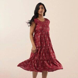 Red Printed Rayon Knee-Length Dress | Muvvas Boutique